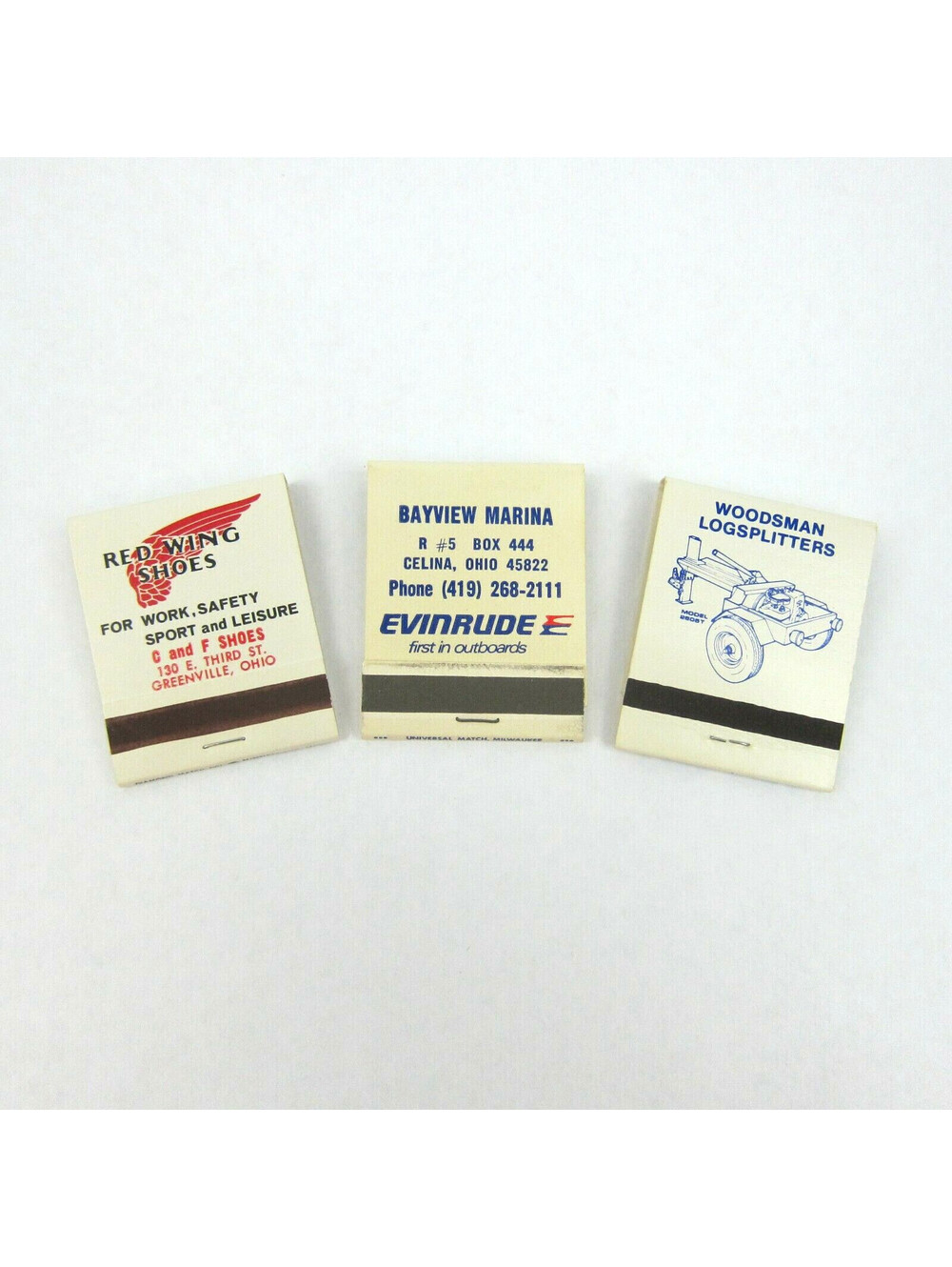 3 Vintage Matchbooks Red Wing Shoes, Evinrude Outboards, Woodsman Log Splitters